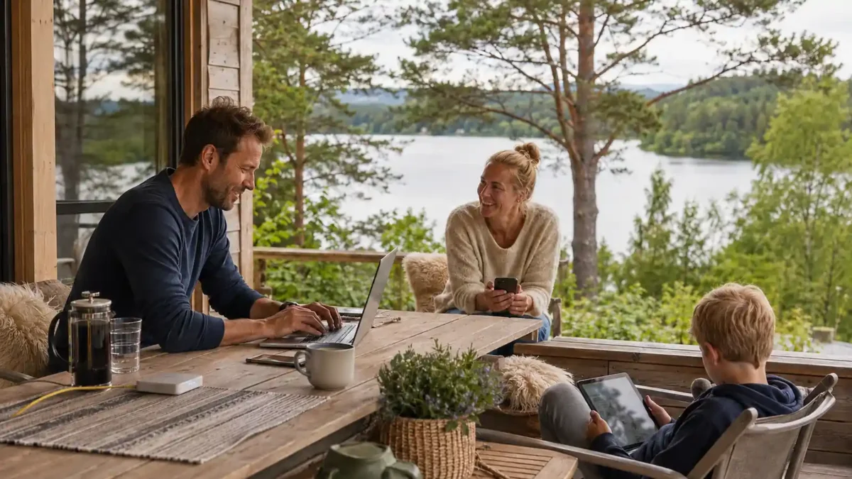 Family using a laptop, mobile phone and tablet on a summer cabin terrace by forest and lake.