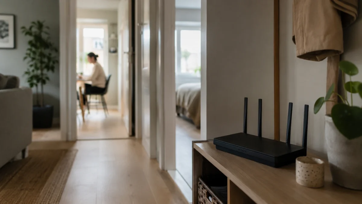 Router placed on a shelf in an apartment with a hallway and several rooms in the background.