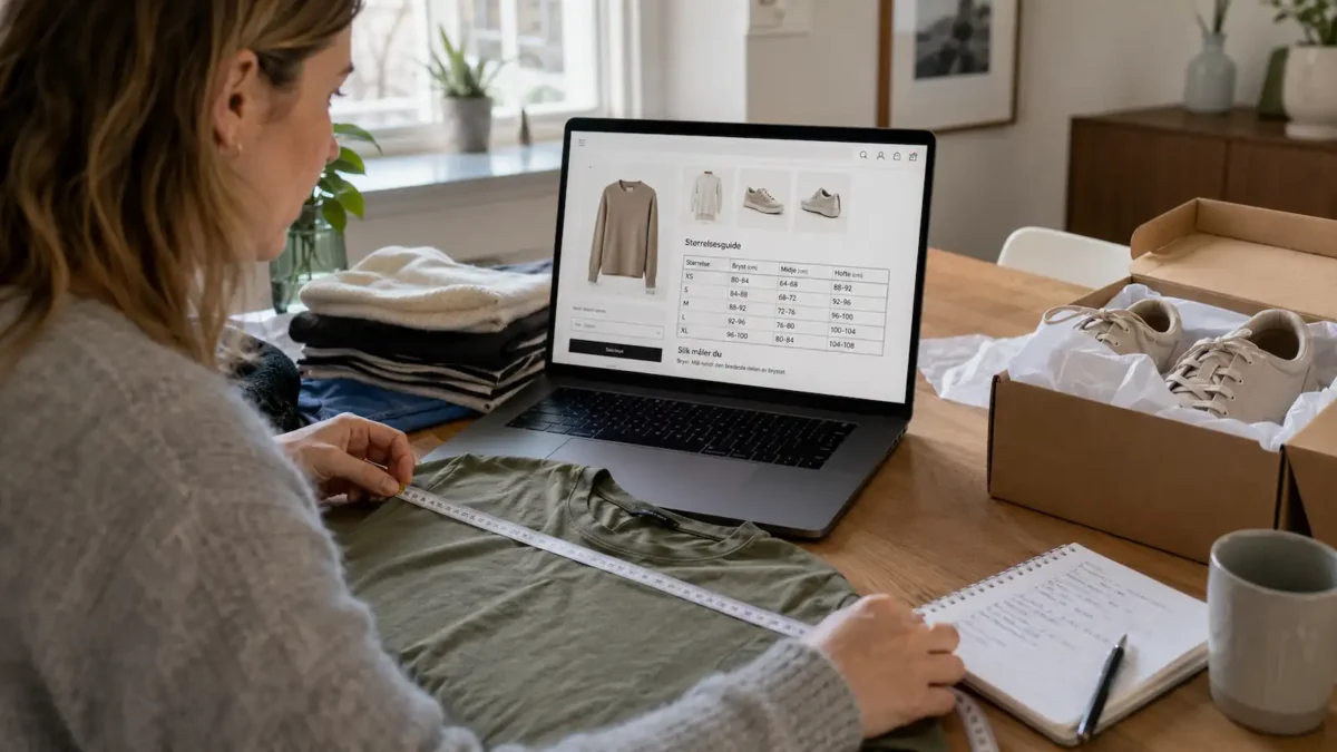 Person comparing clothing measurements while shopping for clothes and shoes online on a laptop