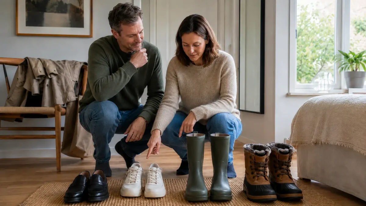 A couple compares different everyday shoes at home, including work shoes, sneakers, rain boots and winter boots.