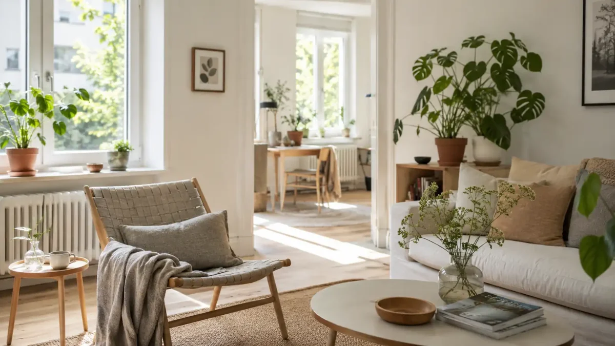 Comfortable Nordic living space with natural light, indoor plants, a reading chair and practical everyday details.