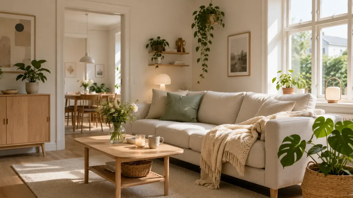 Bright Scandinavian living room with a sofa, plants, wooden furniture and soft daylight.