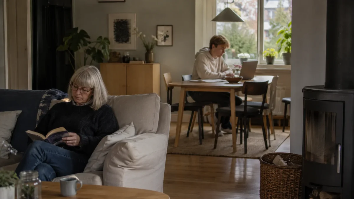 Different generations sharing a quiet moment at home, with one person reading and another working at a table.