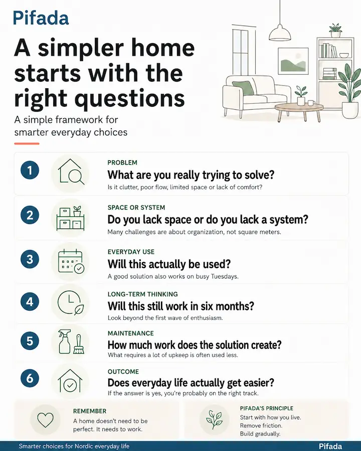 Infographic showing a simple framework for smarter choices at home, with questions about the problem, space, everyday use, long-term value, maintenance and outcome.