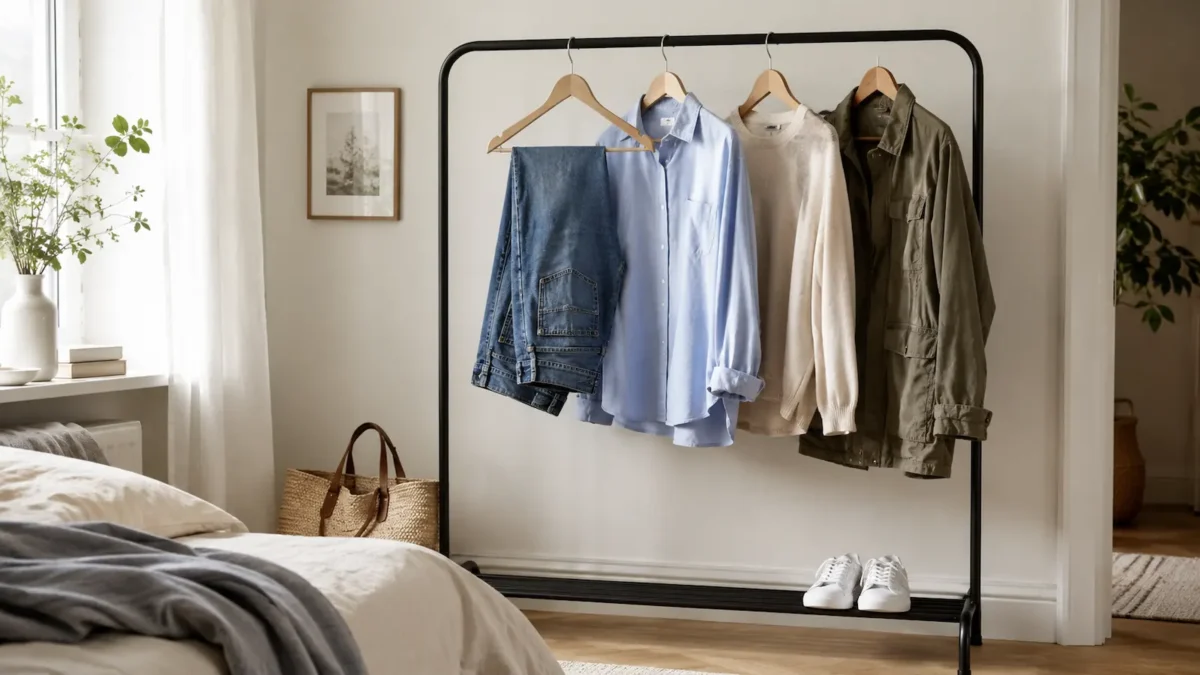 Frequently worn wardrobe favourites on an open clothing rail, including jeans, a shirt, a sweater and a jacket.